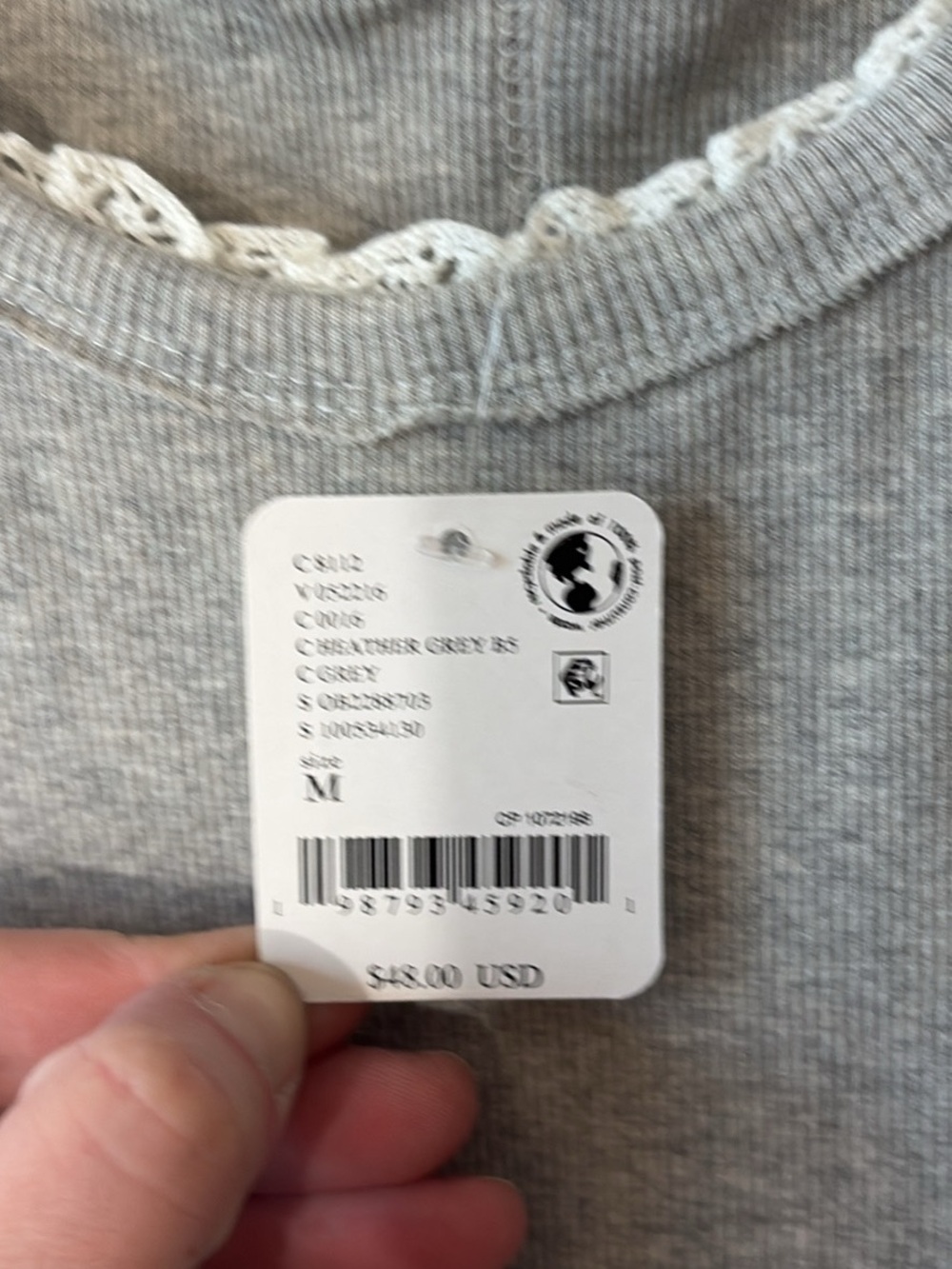 We The Free Lace-Trim Ribbed Tank - Light Gray-NWT-Size M - Picture 4 of 4
